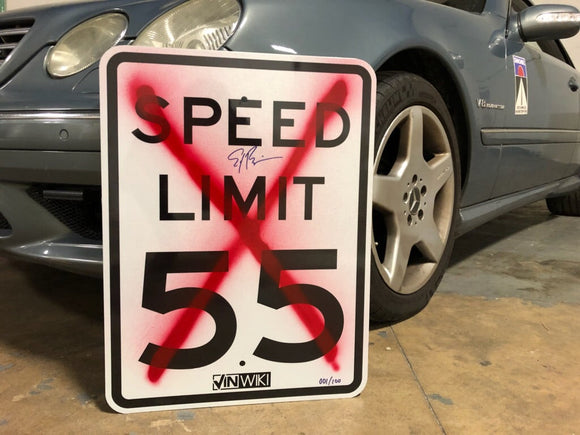 Vandalized 55 MPH Sign for Charity - 2023 Edition